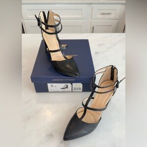 ADRIENNE VITTADINI AV-NOCERI BLACK BLOCK HEELS STRAPPY FAUX LEATHER SIZE 9